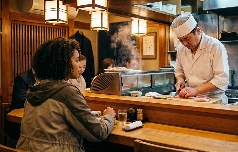 A female traveler with curly hair and a jacket sits at the wooden counter of a cozy Japanese sushi bar, watching a chef slice fish.