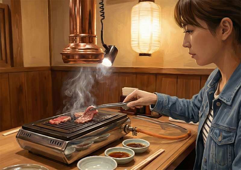 A female tourist grilling beef slices on a small personal grill in a private solo dining booth at a Japanese yakiniku restaurant, surrounded by dipping sauces and warm lighting.