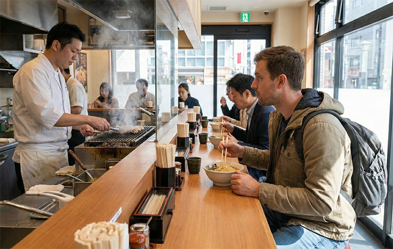A solo male traveler sits at a wooden counter in a Tokyo restaurant during the day, watching a chef prepare food in an open kitchen.