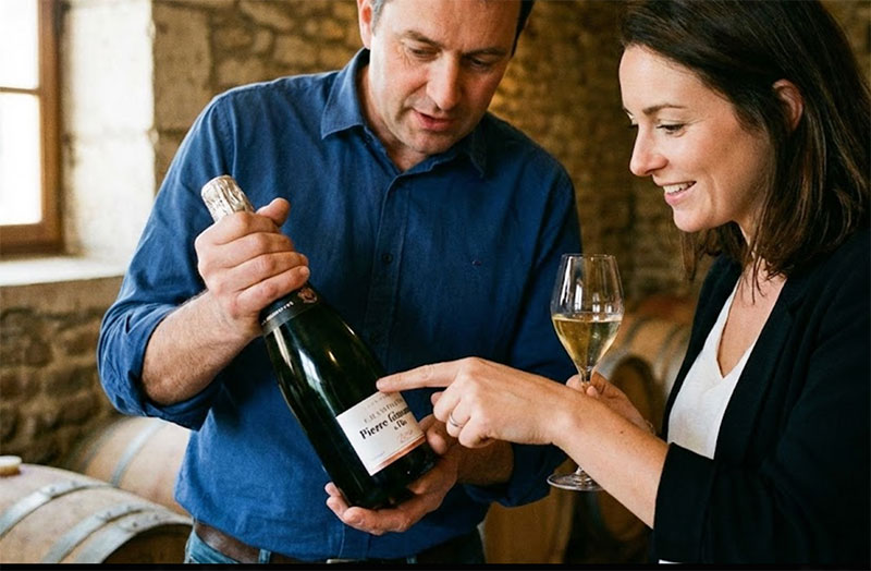 A sommelier explaining the details of a Champagne bottle label to a guest during a private tasting.