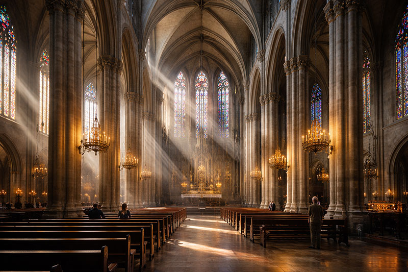 Interior of a grand cathedral with sunbeams lighting up the nave and pews.