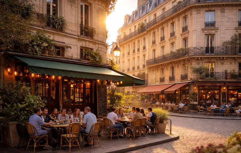 The busy Rue de Bretagne in Le Marais, Paris, featuring local shops and the entrance to the Marché des Enfants Rouges.