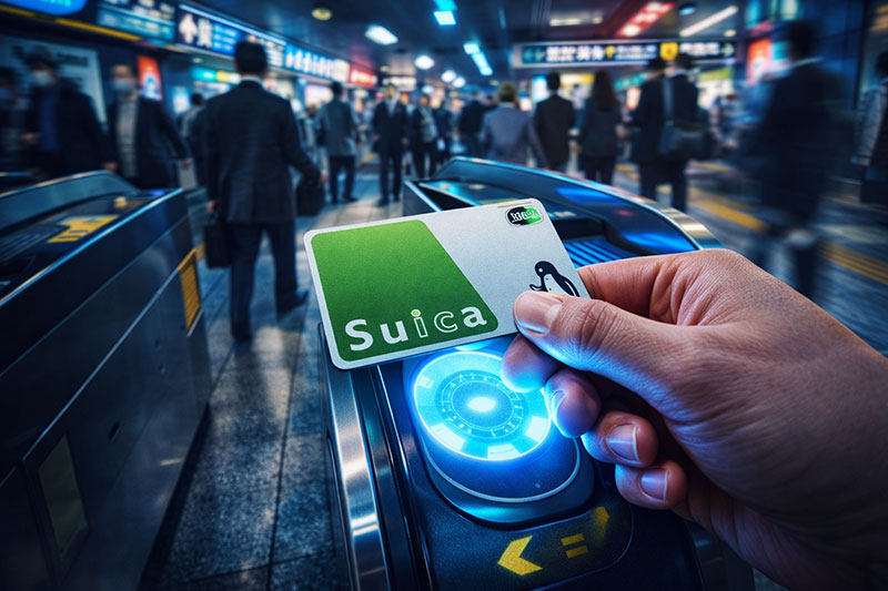 First-person view of a traveler tapping a green Suica IC card on a subway ticket gate in a busy Tokyo station