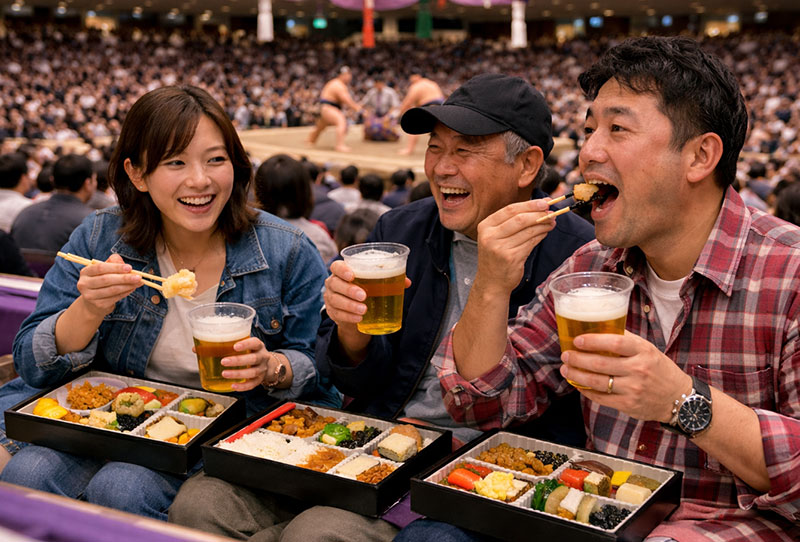Three fans smiling and eating traditional bento boxes with cold beers while watching a live sumo wrestling match from the stadium seats.