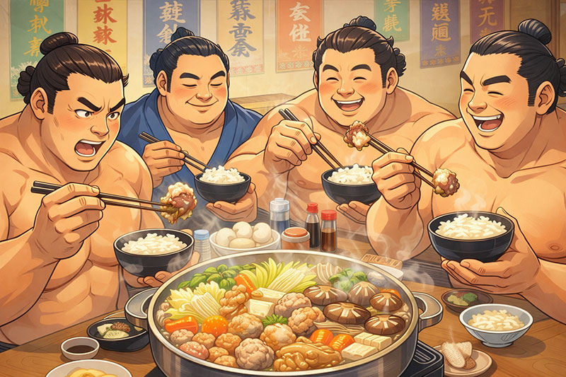 An anime-style illustration of four cheerful sumo wrestlers sitting around a large steaming pot of Chankonabe, holding bowls of rice and smiling.