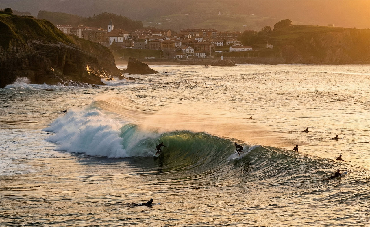 Surfers riding a perfect barrel wave at Mundaka in the Basque Country during golden hour, with the coastal town visible in the background.