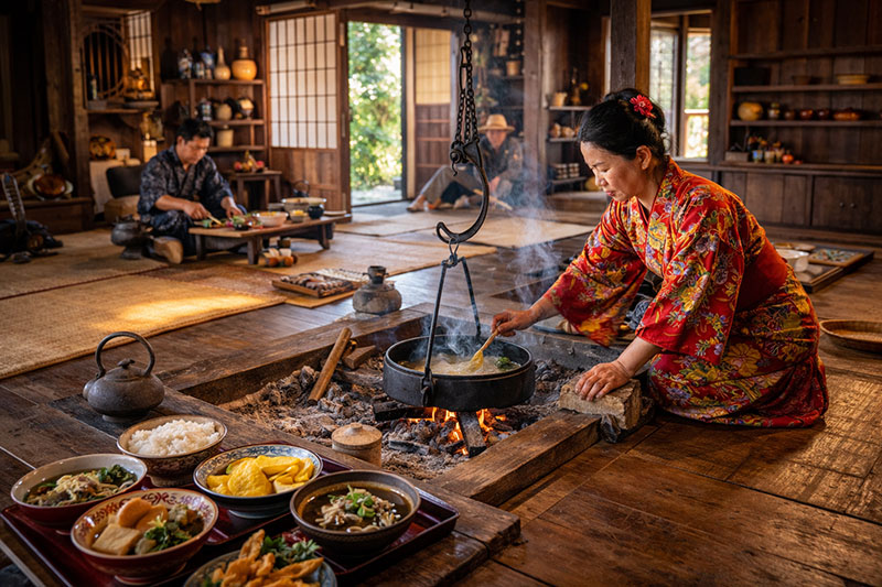 Traditional Ryukyu home interior on Taketomi Island with an Okinawan woman cooking a meal over a sunken hearth, wooden beams, tatami mats, and family members in the background.