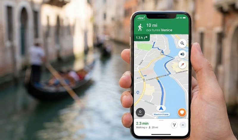 martphone displaying walking maps in Venice with an eSIM connection active.