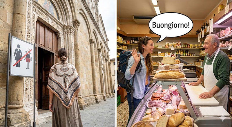 Split image showing appropriate church dress code on the left and a friendly "Buongiorno" greeting on the right.