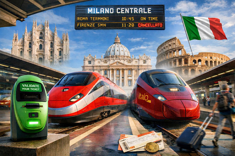 A hero image for the "Italy Train Travel Guide 2026," showing two high-speed trains (a red Frecciarossa and a red Italo) at a station, a green ticket validation machine, and iconic Italian landmarks including the Milan Duomo, Rome's Colosseum, and St. Peter's Basilica. A digital sign above reads "MILANO CENTRALE" and lists trains to Rome and Florence, with one showing "CANCELLATO". The Italian flag is visible on the right.