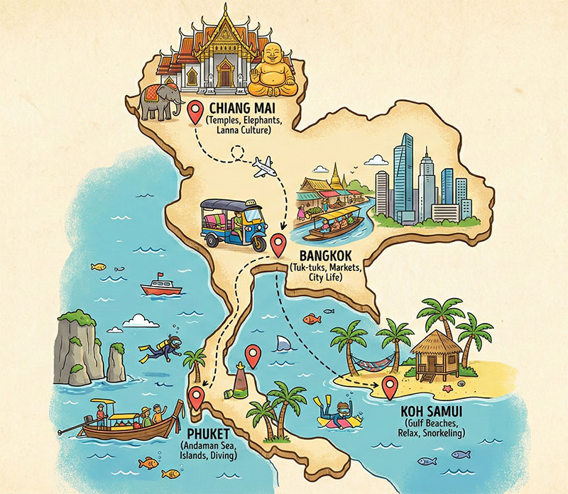 Map of Thailand showing the four main travel zones: Chiang Mai in the north, Bangkok central hub, Phuket on the west Andaman coast, and Koh Samui on the east Gulf coast.