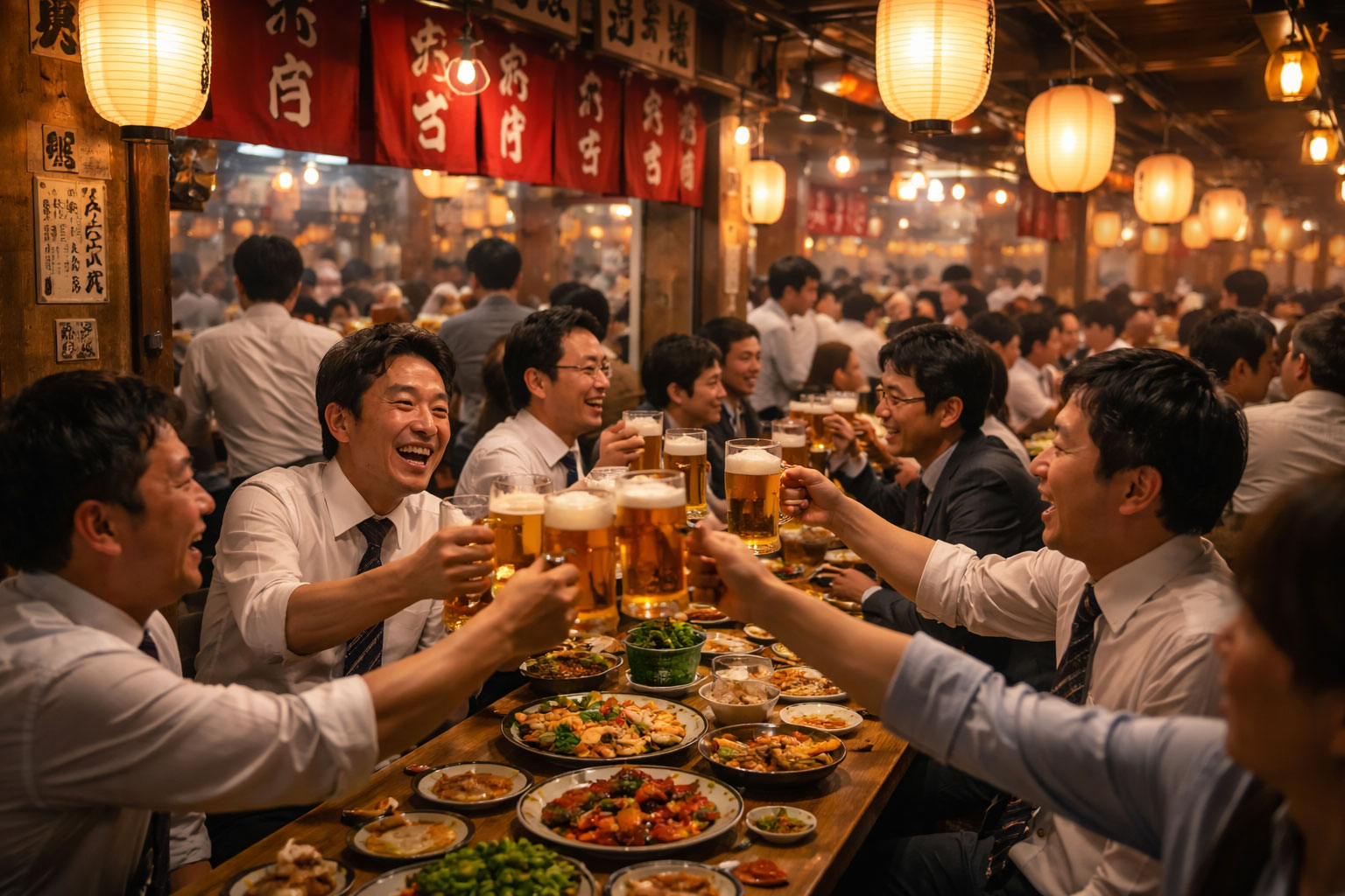 Crowded, lively izakaya at night with people drinking beer.