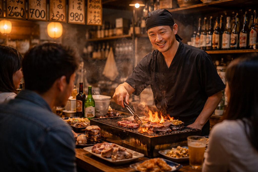 smiling Japanese chef in a black uniform grilling meat over an open flame at a cozy izakaya counter in Tokyo, with customers sitting in the foreground and wooden menu prices on the wall.