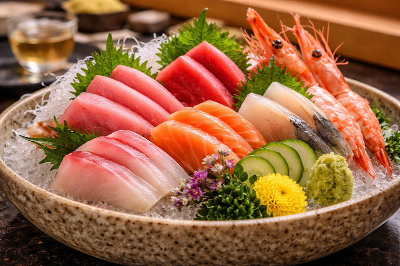 Close-up of a fresh sashimi platter on crushed ice featuring slices of maguro (tuna), sake (salmon), white fish, and raw shrimp (amaebi), garnished with shiso leaves, cucumber, and wasabi.