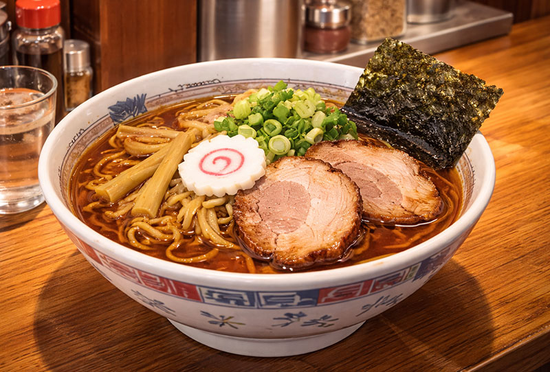 Close-up of Tokyo-style shoyu ramen with chashu pork, narutomaki, bamboo shoots, green onions, and nori served in a small Tokyo ramen shop.