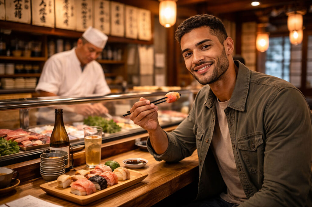 A smiling solo male traveler sitting at a traditional wooden sushi counter in Japan, holding a piece of sushi with chopsticks, with a chef preparing food in the background.