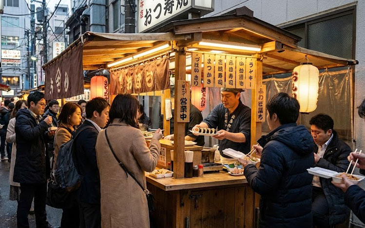 A crowded traditional Japanese street food stall (yatai) at night, with a vendor serving customers and people eating in a narrow alleyway in Tokyo.