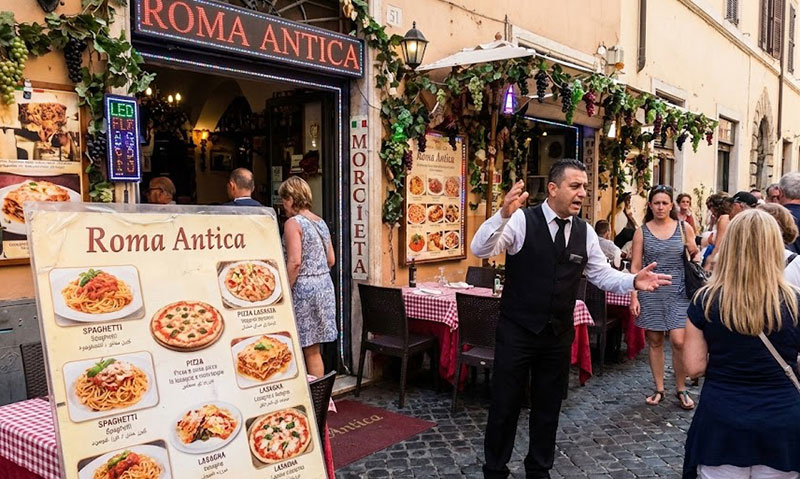 A restaurant entrance with a waiter holding a menu standing outside trying to get customers, next to a board with photos of food.