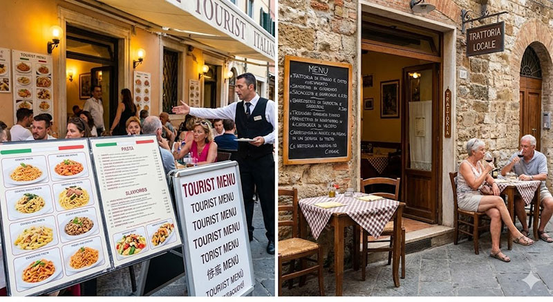 Comparison of a tourist trap restaurant with large picture menus and English signs versus an authentic local Italian trattoria with a handwritten chalkboard menu.