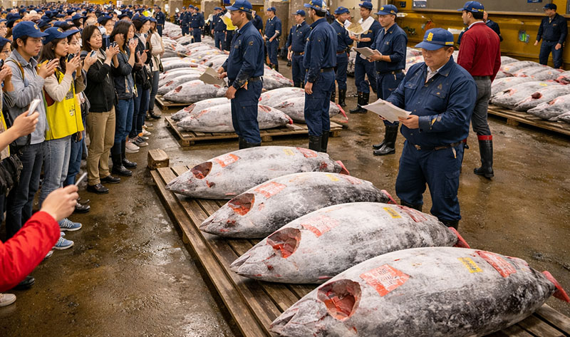 Visitors in yellow vests watching the frozen tuna auction from the lower observation deck at Toyosu Market in Tokyo, with rows of frozen bluefin tuna on the floor.