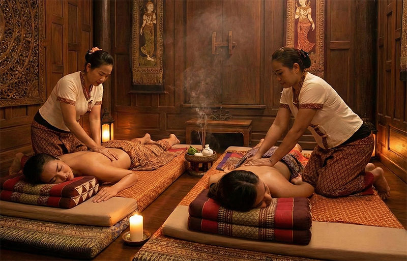 A couple receiving a traditional Thai massage on floor mats in a dimly lit, authentic teak wood room with candlelight.