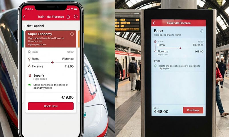 Split image showing a cheap "Super Economy" ticket price on a smartphone app versus a expensive "Base" price on a ticket kiosk screen.