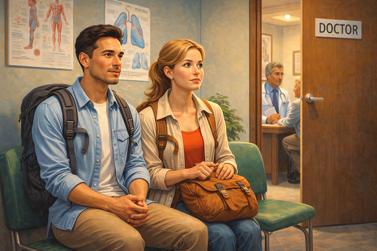 Guide-style illustration of a young couple with travel backpacks waiting patiently in a doctor's office waiting room, with a doctor consulting a patient in the background.
