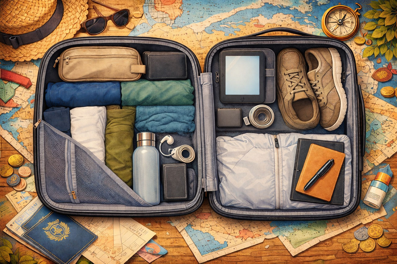 Illustration of an open carry-on suitcase packed with cubes, a water bottle, shoes, and travel documents on a world map.