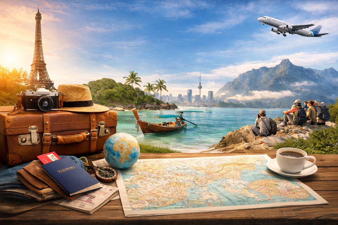 A travel planning concept featuring a map, passport, camera, and suitcase on a wooden table, set against a background collage of the Eiffel Tower, a tropical beach, and hikers watching an airplane fly over mountains