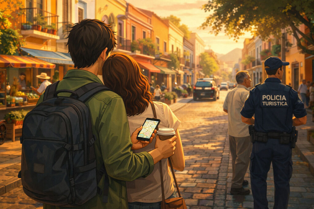 Horizontal illustration of a couple standing on a cobblestone street in a vibrant Mexican neighborhood during golden hour. The man has a backpack and his arm around the woman, who is holding a coffee and looking at a map on her phone. In the background, a 'Policía Turística' officer stands nearby while locals go about their day, creating a peaceful and secure atmosphere
