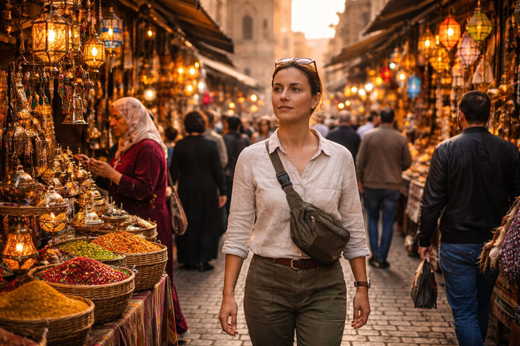 olo female traveler walking confidently through a busy crowded market, ignoring a street vendor offering trinkets.