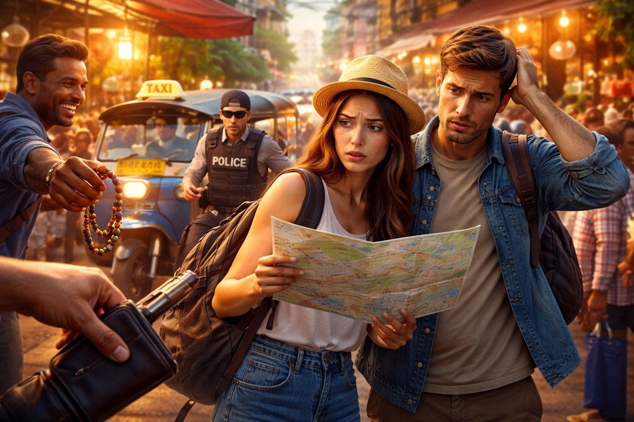 Cinematic guide-style illustration of a confused travel couple looking at a map in a chaotic street scene, surrounded by aggressive vendors and distractions