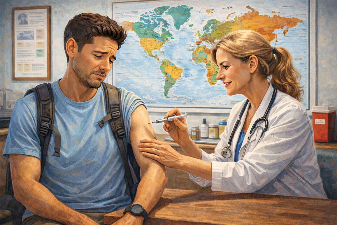 Doctor administering a travel vaccination to a male traveler in a medical clinic with a world map in the background.