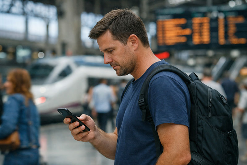 Man in a train station looking at his smartphone with a train blurred in the background.