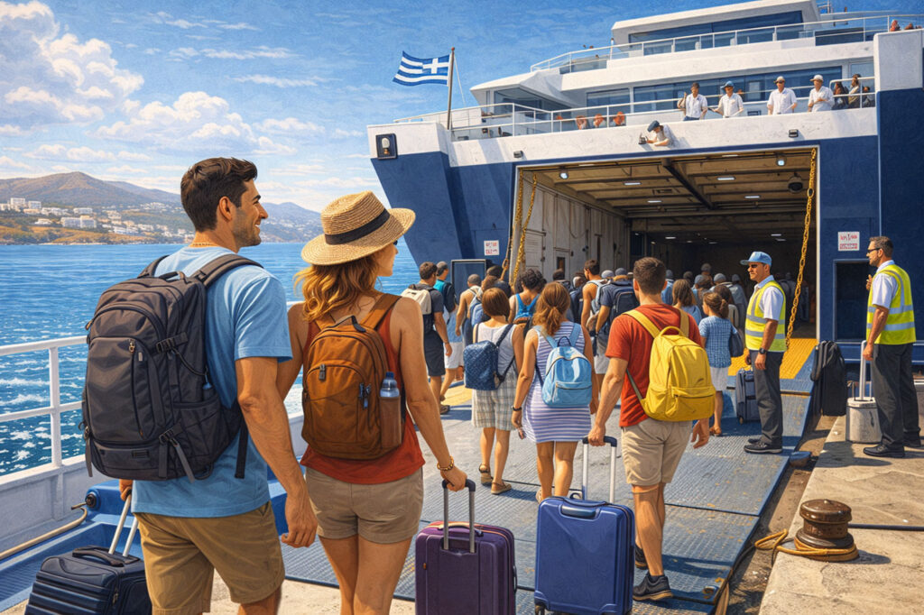 llustration of travelers with backpacks and rolling luggage boarding a large blue ferry in the Greek Islands, with the Greek flag flying in the background.