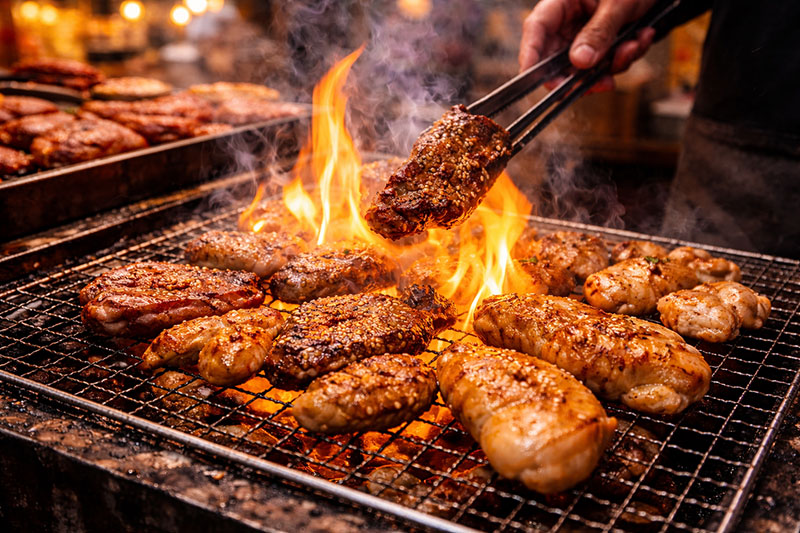 Close-up of grilled yakiniku meats cooking over open flames at a street vendor in Tsuruhashi, Osaka, with smoke and fire rising from the grill.