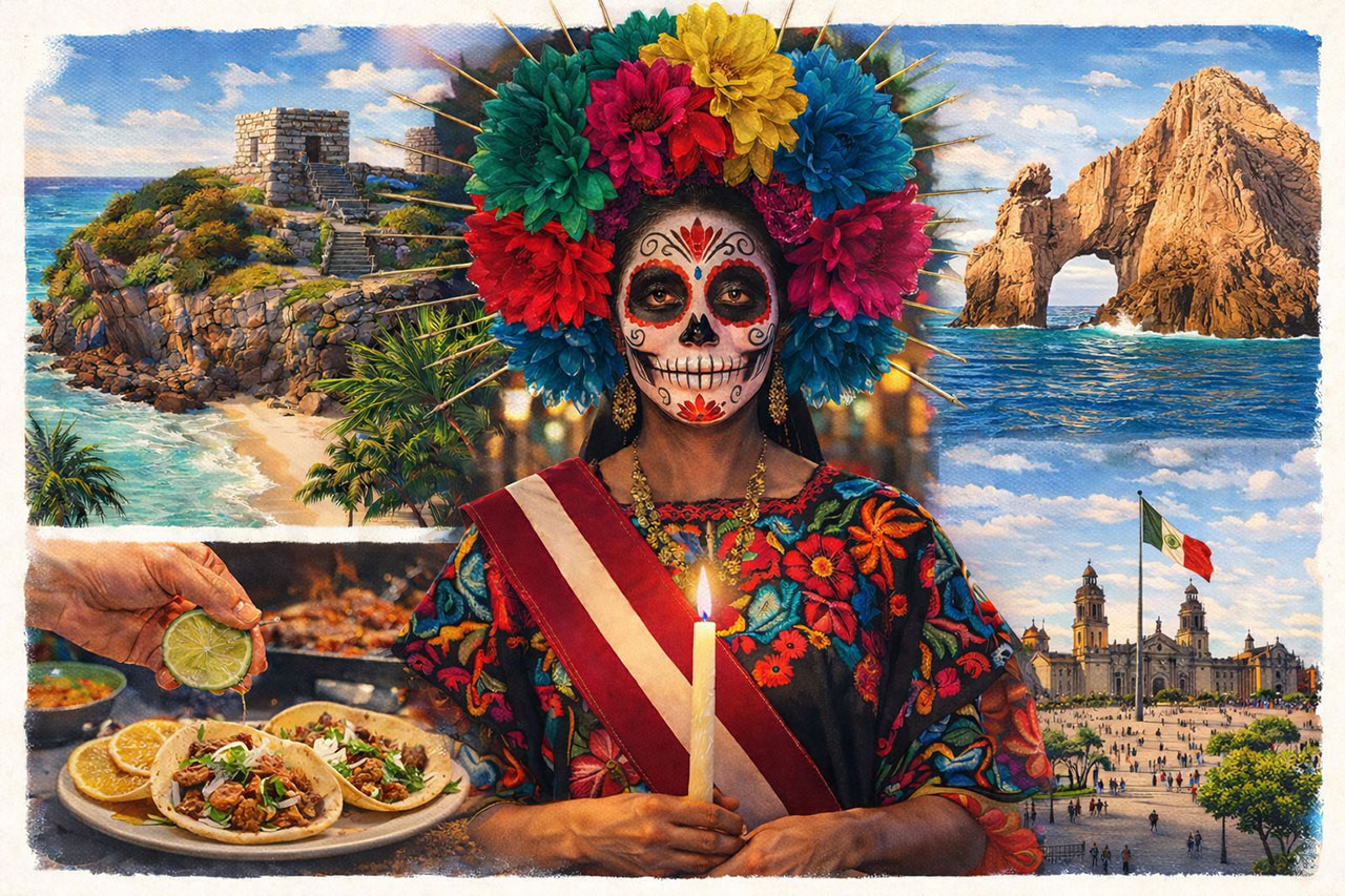 For this vibrant collage, here are a few options for an alt tag, depending on how much detail you want to provide: Option 1: Concise (Recommended) "A vibrant travel collage of Mexico featuring a woman in Day of the Dead face paint, the Tulum ruins, El Arco of Cabo San Lucas, and street tacos." Option 2: Descriptive "Collage of Mexican culture and landmarks: a woman in a colorful flower crown and Catrina makeup holding a candle, Mayan ruins overlooking the Caribbean Sea, the stone arch of Cabo San Lucas, and a hand squeezing lime onto street tacos.
