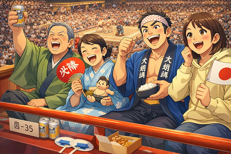 An anime-style illustration of fans in traditional box seating at a sumo tournament, cheering with snacks, drinks, and a Japanese flag as wrestlers compete in the background.