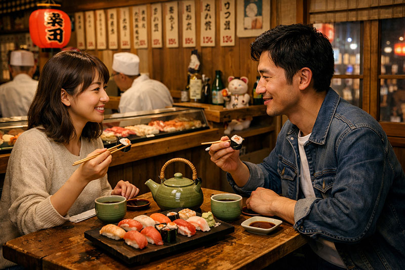 Couple drinking green tea while eating sushi in a traditional Tokyo sushi restaurant