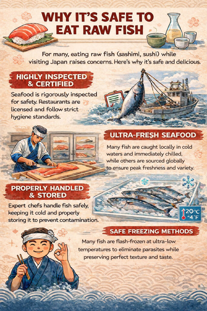 Infographic explaining why it is safe to eat raw fish and sushi in Japan, including inspection, freshness, handling, and freezing methods