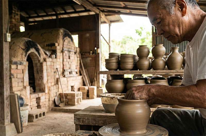 An artisan potter throwing clay on a wheel inside a traditional workshop at Yachimun no Sato, Okinawa, surrounded by shelves of drying ceramic pots.
