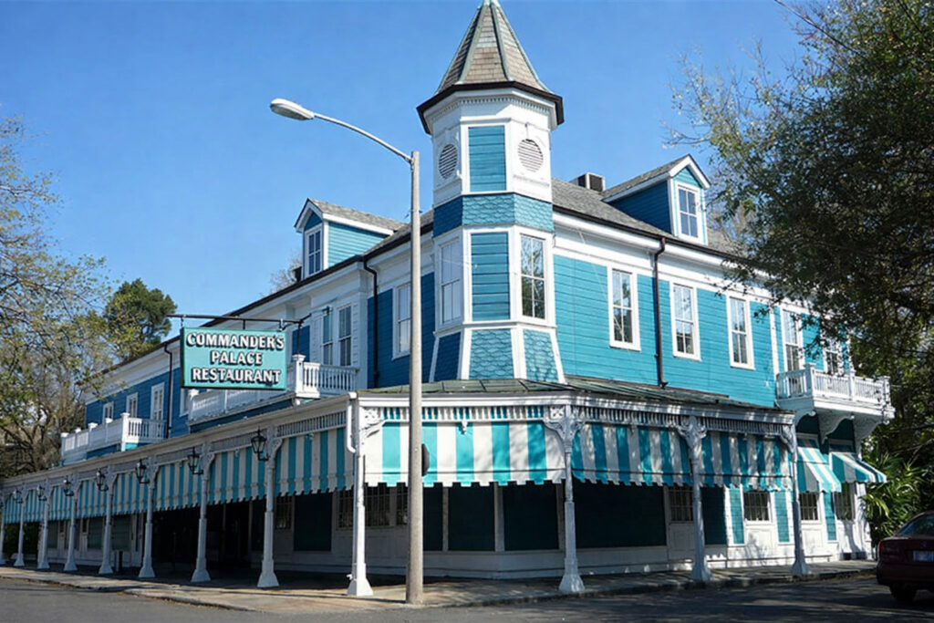 The iconic bright turquoise and white striped exterior of Commander's Palace restaurant in the Garden District, featuring Victorian architecture and white awnings.