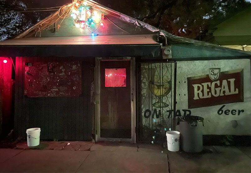 A dark, atmospheric interior view of Snake and Jake's Christmas Club Lounge in New Orleans, featuring dim red lighting, vintage holiday decorations, and a weathered bar top.