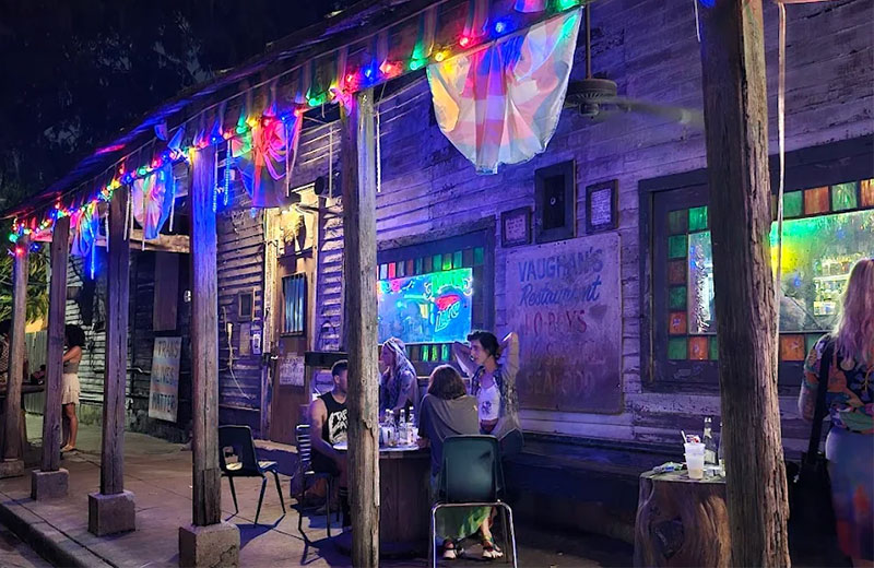 A dimly lit, atmospheric view of Vaughan’s Lounge in the Bywater, featuring colorful paper lanterns, neon beer signs, and patrons gathered around the bar in a classic wood-paneled dive bar setting.