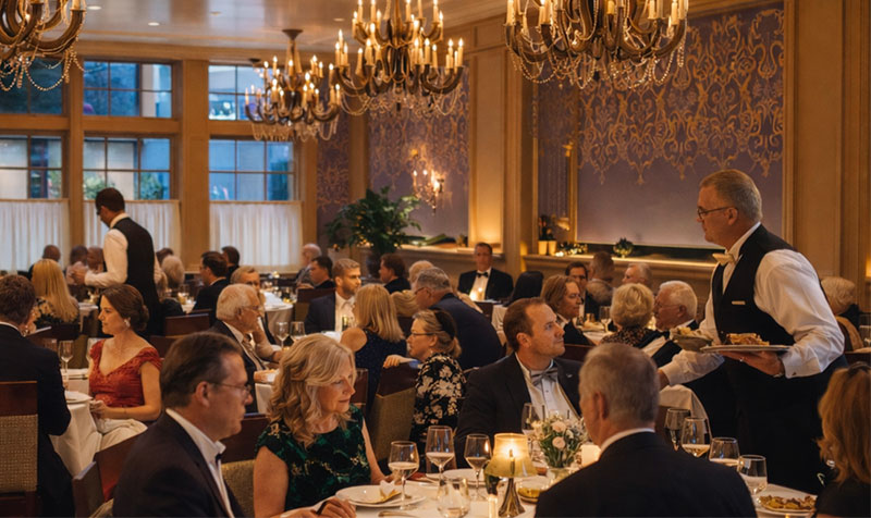Elegant dining room interior of Commander’s Palace in New Orleans with well-dressed guests and chandeliers
