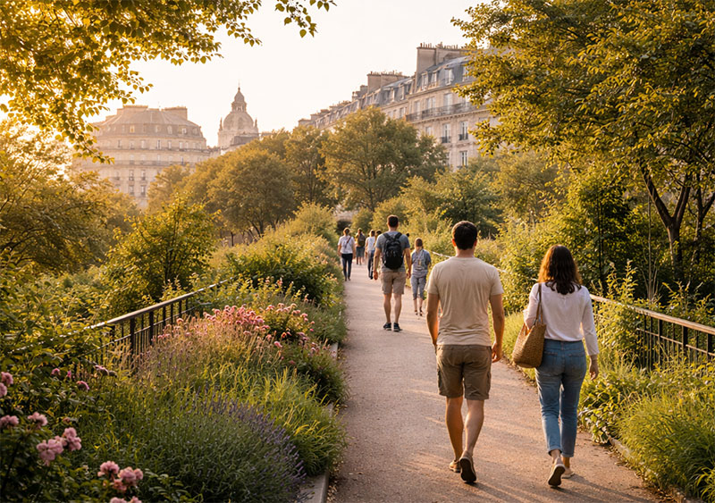 A morning view of the Coulée Verte René-Dumont in Paris, showing a couple walking along the elevated, tree-lined garden path surrounded by lush greenery and historic apartment buildings.