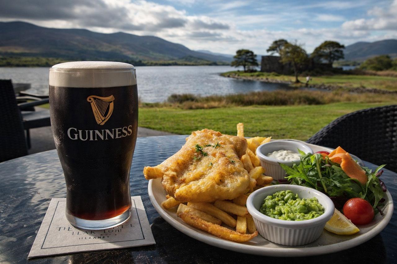 A plate of golden-brown battered fish and chips served with a side of mushy peas and a creamy sauce, paired with a pint of Guinness on a wooden table overlooking a scenic Irish lough.