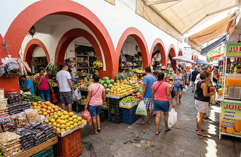 A bustling daytime scene at Mercado Emiliano Zapata in Puerto Vallarta, showing people shopping for large displays of fresh tropical fruits, vegetables, and dried goods under distinctive white arches trimmed with red. A bright green fresh juice stand is visible on the right.