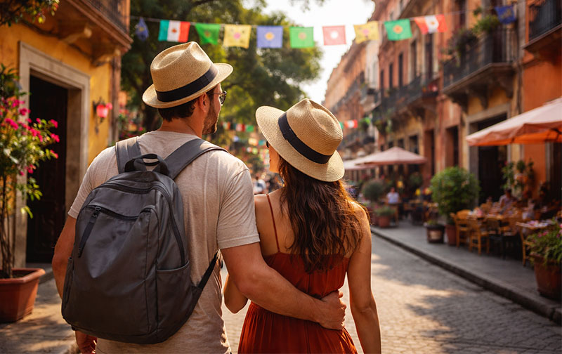 Couple walking hand in hand down a colorful historic street in Mexico City with colonial buildings and papel picado overhead