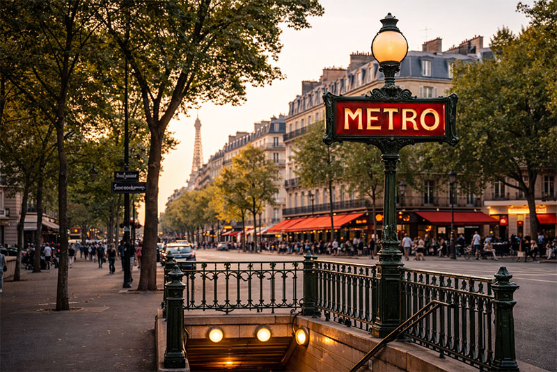 Classic Paris metro entrance with Art Nouveau METRO sign along a tree-lined boulevard at golden hour